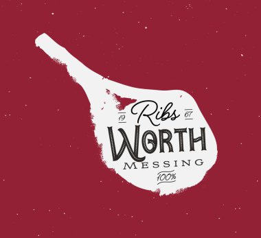 Kaburgalı ızgara biftek. Kırmızı arka planda gri renkli, klasik çizim tarzında çizilmeye değer.