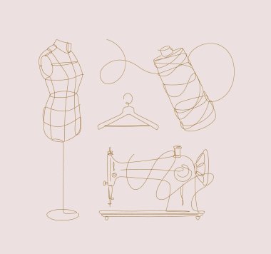 Terzi ekipmanı seti bej arka planda modern doğrusal sanat tarzında çizim yapan resimli dikiş makinesi askısı manken tasarımı öğeleri