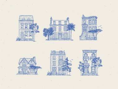 Ağaç kompozisyonları koleksiyonu olan kasaba evi bej arka planda mavi çizgileri olan eski moda vintage tarzında çiziyor.