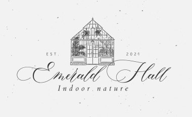 Metin zümrüt salonlu sera etiketi açık arkaplanda siyah renkli grafik sanat tarzında çizim