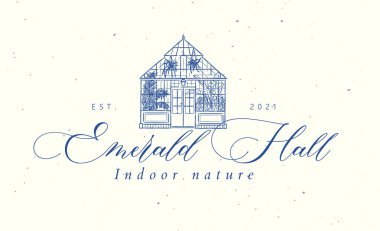 Açık arkaplanda mavi ile grafik sanat tarzında çizilmiş metin zümrüt salon doğa etiketi ile sera etiketi