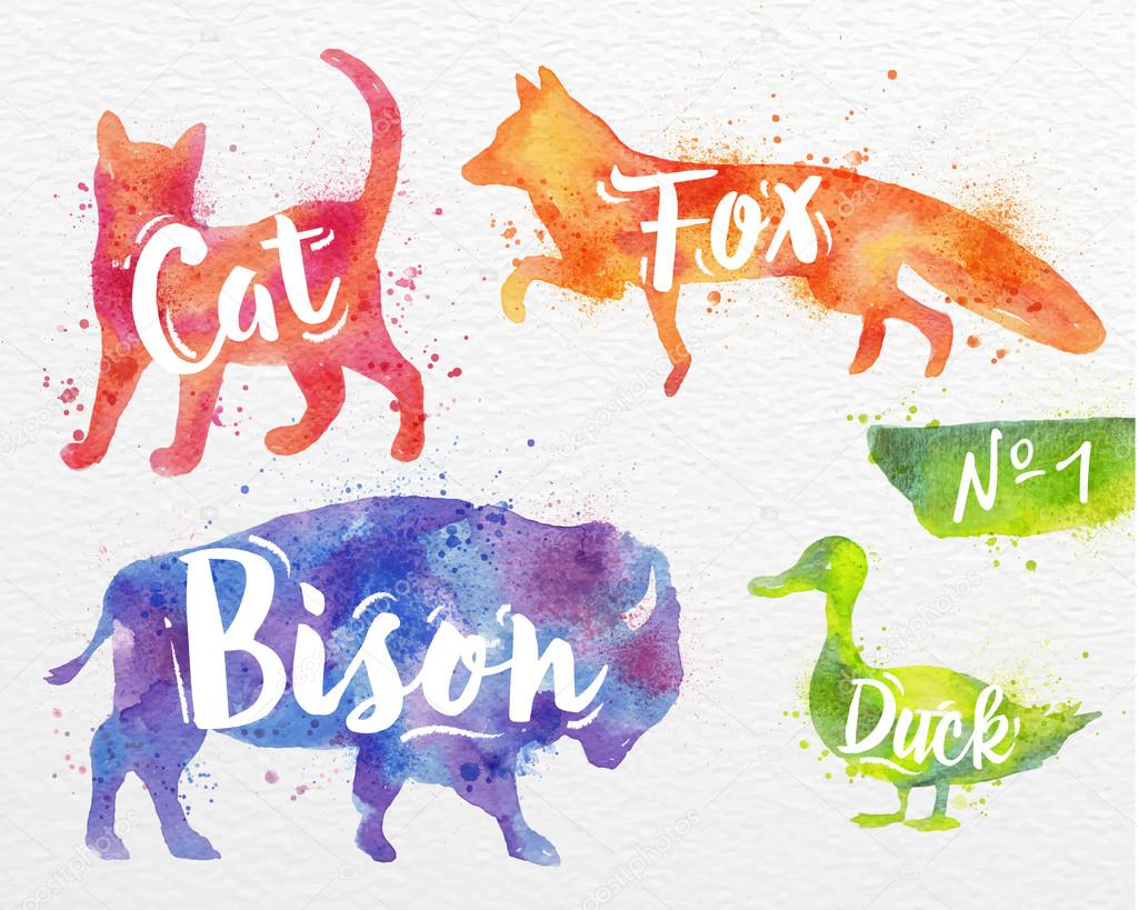 Sagome di animali gatto volpe Bisonte anatra disegno colore vernice su priorit  bassa di carta da acquerello — Vettoriali di anna42f