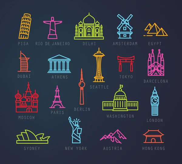 Ciudad plana iconos de neón — Vector de stock