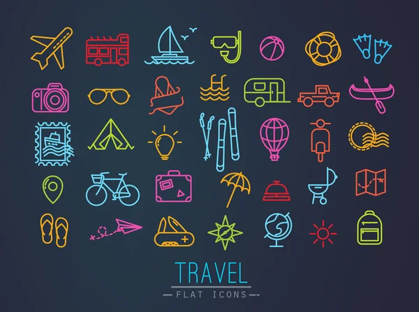 Viajar iconos planos de neón — Vector de stock