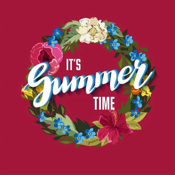 Lettrage de l'heure d'été avec couronne florale . — Image vectorielle