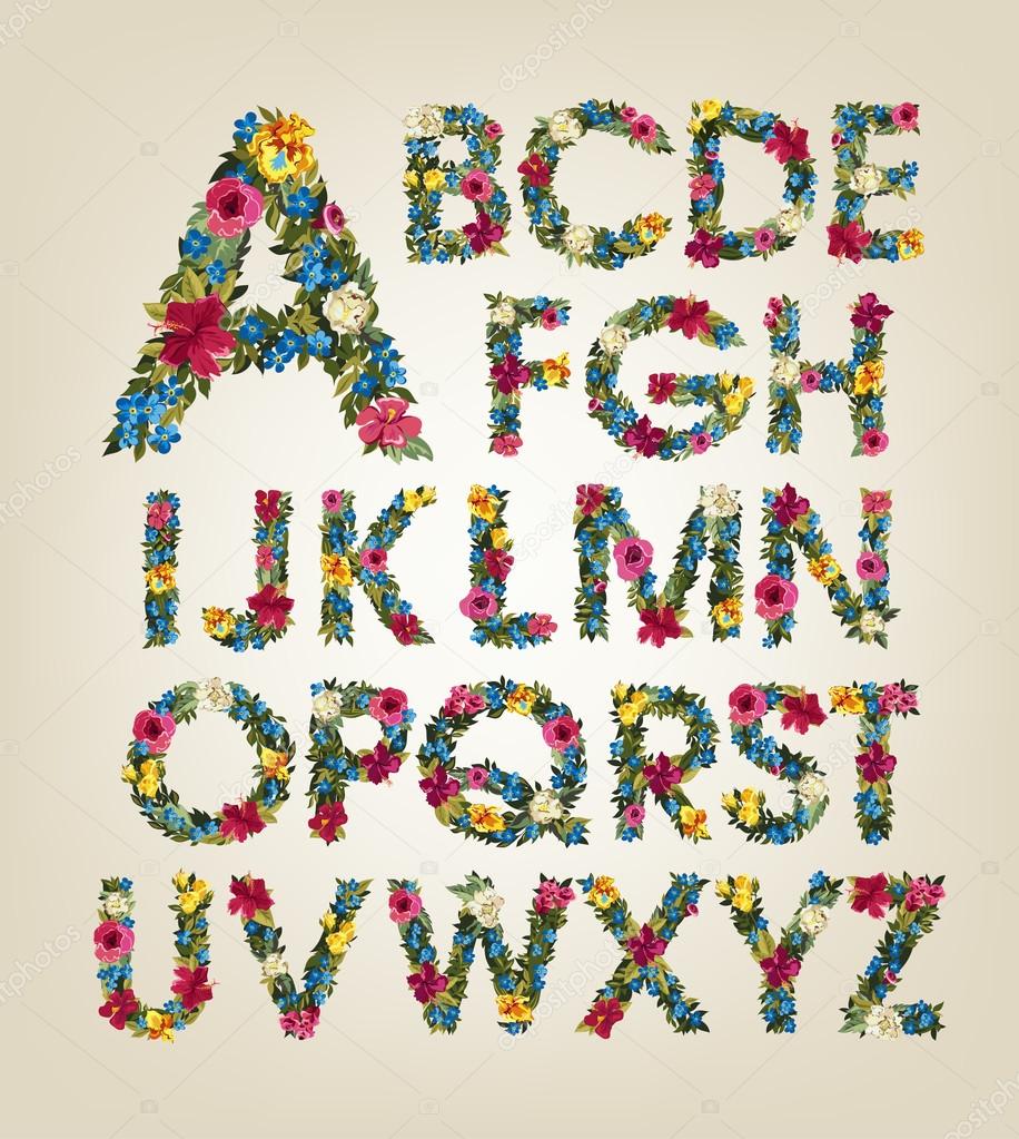 Flower alphabet. Colorful font. Uppercase. Stock Vector Image by