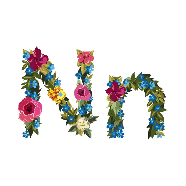 Hermoso alfabeto floral con flores . — Vector de stock