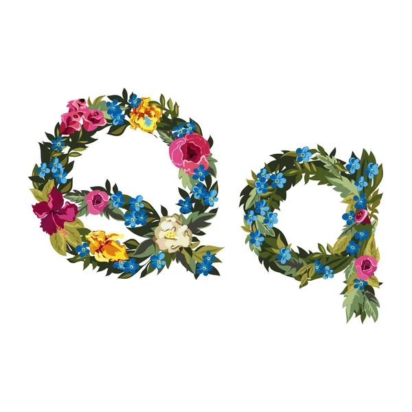 Bel alphabet floral avec des fleurs . — Image vectorielle