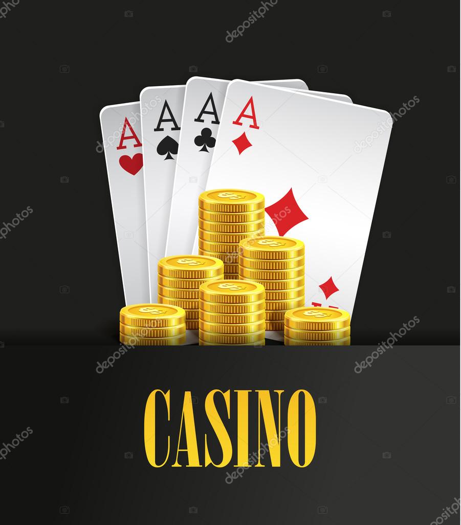Casino poster or banner background or flyer template. Poker invitation with Playing Cards and Flying Golden coins. Game design. Playing casino games. Vector illustration. Four Aces Combination.