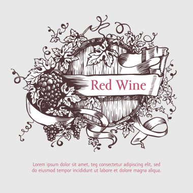 Wine barrel with grapes wreath and banner.