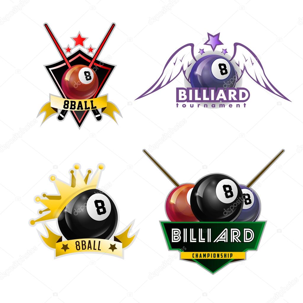 Billiards, pool and snooker sport logos set for poolroom emblems design with balls, stars, crowns. Vector illustration. Isolated on white.