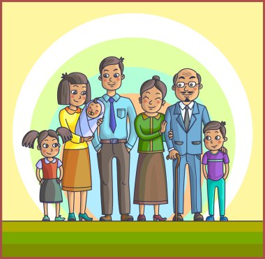Büyük Mutlu Asya Karikatür Aile.