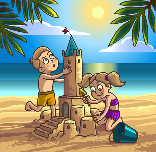 Bambini felici costruzione castello di sabbia — Vettoriale Stock