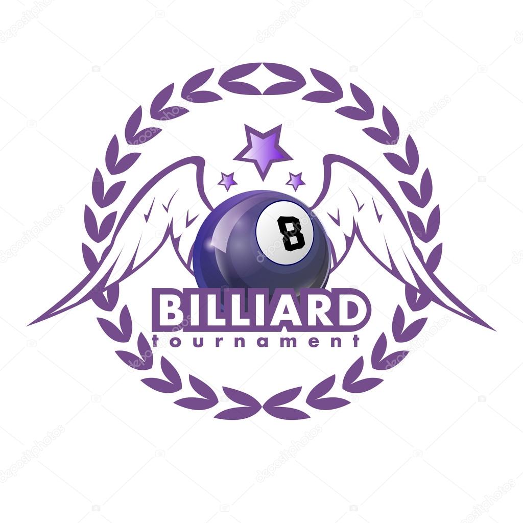 Vector Design Billiards, pool and snooker sport icon. Poolroom emblems design with balls, laurel wreath, stars and wings. Vector Illustration. Isolated on White.