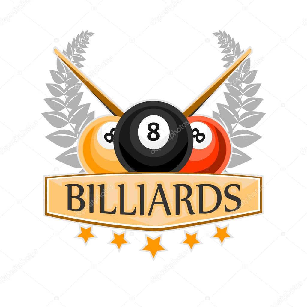 Vector Design Billiards, pool and snooker sport icon. Poolroom emblems design with balls. Vector Illustration. Isolated on White.
