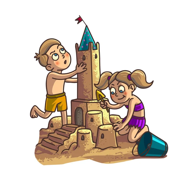 Enfants heureux construire château de sable — Image vectorielle