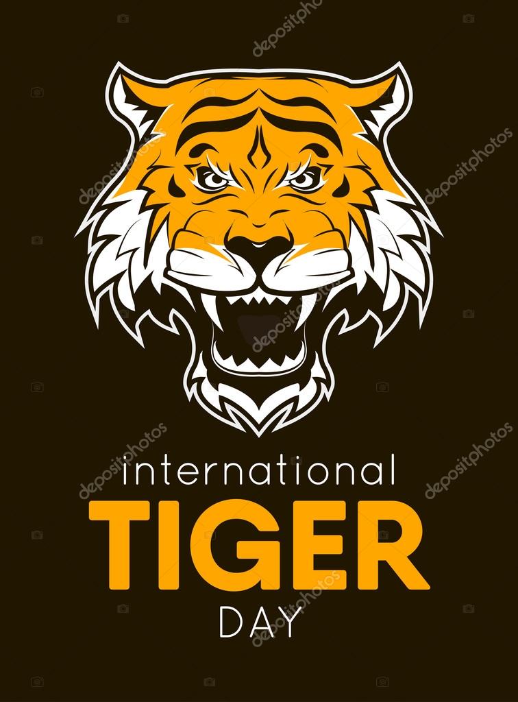 International Tiger day poster template with angry tiger head. Vector Illustration.