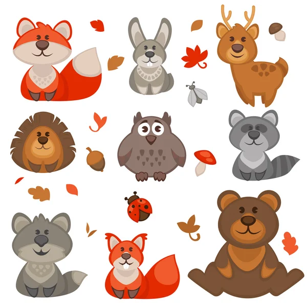 Set of cute cartoon forest animals. — Stock Vector