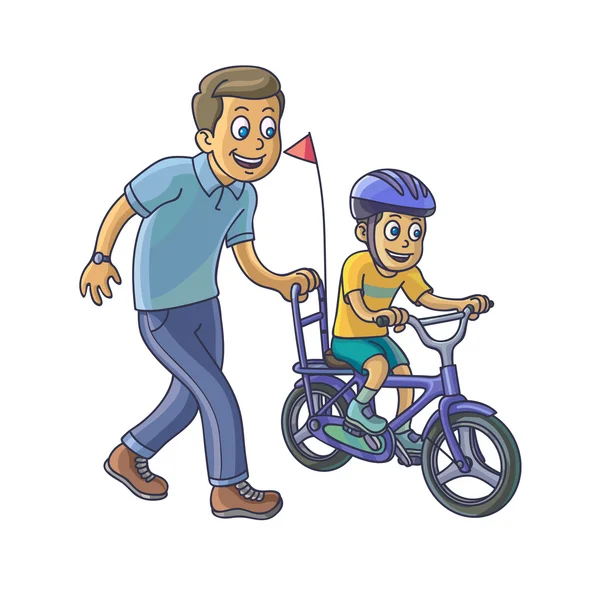 Pai aprendendo filho a andar de bicicleta . — Vetor de Stock