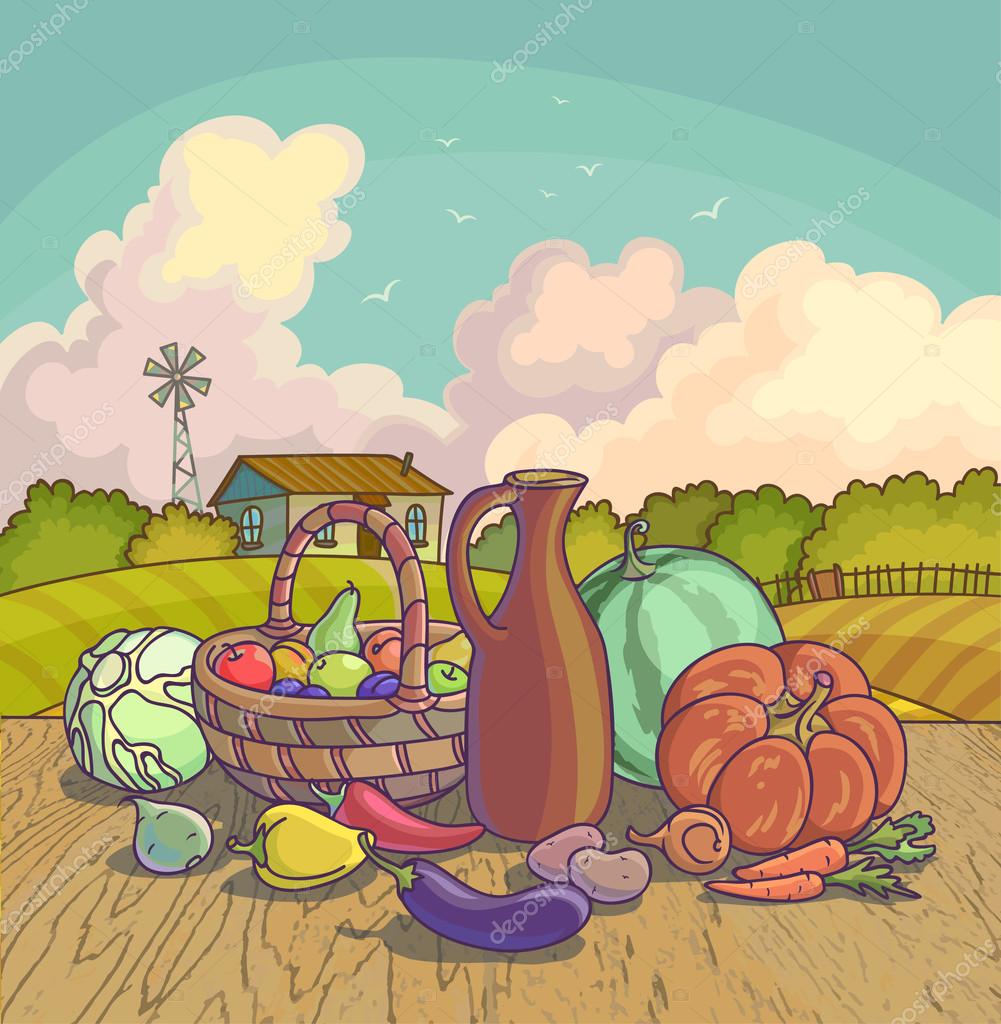 Raccolta autunno simboli frutta e verdura cestino su priorit  bassa di fattoria Illustrazione di vettore — Vettoriali di Sonulkaster