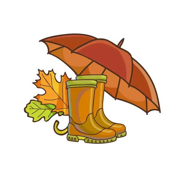 Şemsiye ve sarı yapraklar ile lastik çizmeler — Stok Vektör