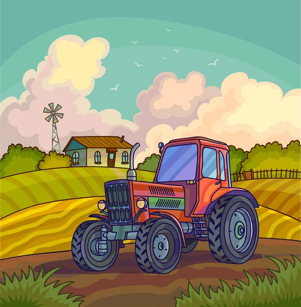 Paysage rural agricole avec champ et tracteur — Image vectorielle