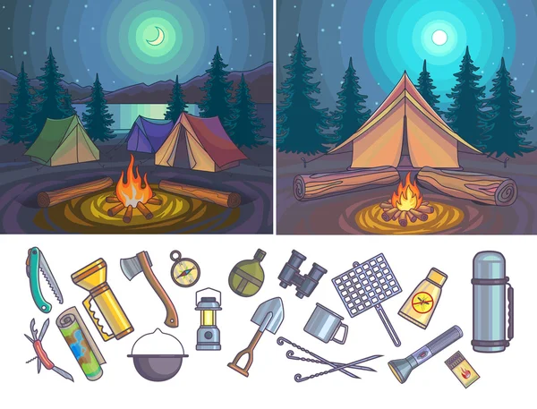 Imágenes: campamentos de noche | Senderismo noche campamento — Vector