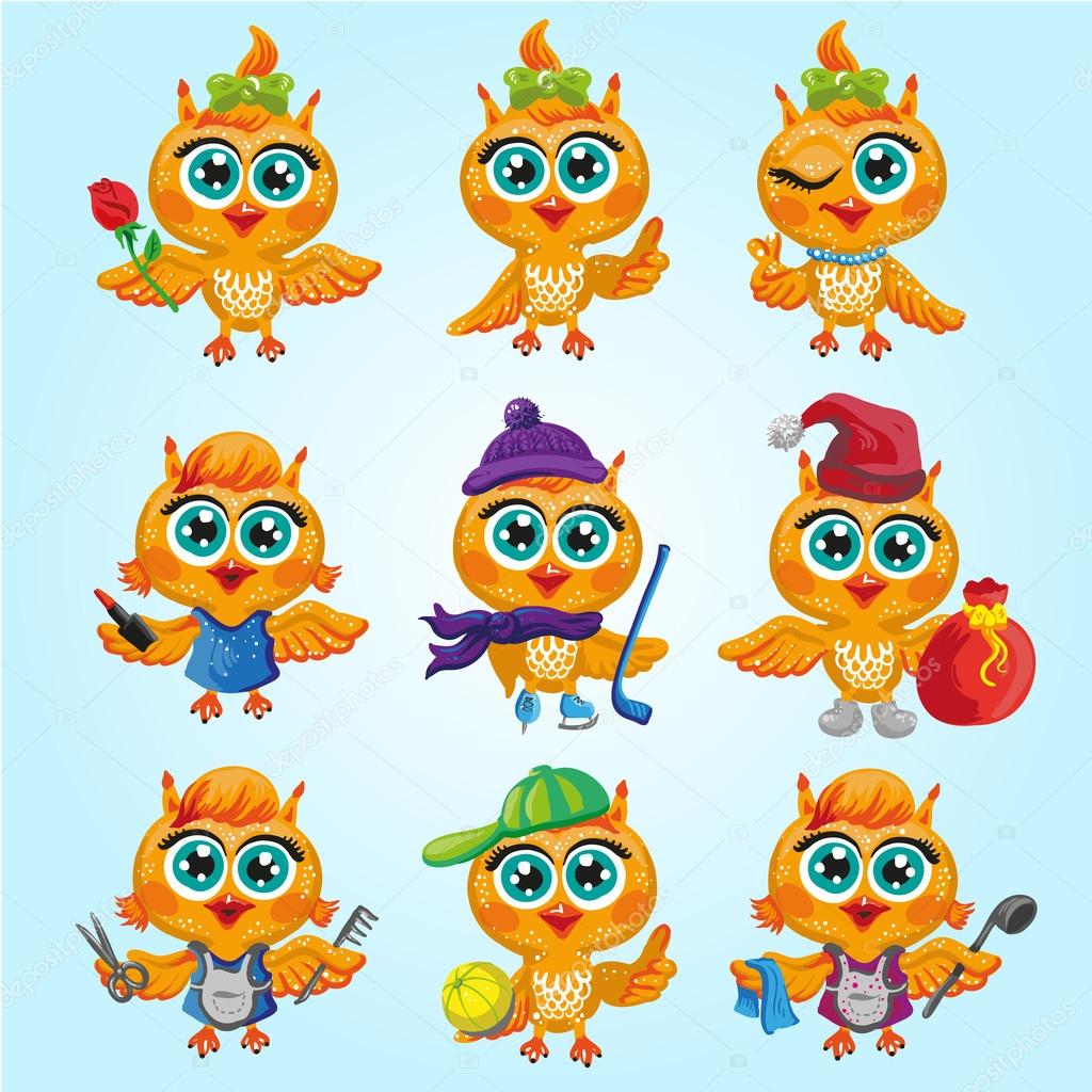 Vector set of cute owls. Cartoon characters 