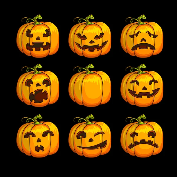 Enge Halloween pompoenen set van verschillende personages. — Stockvector