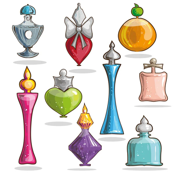 Conjunto de garrafas elegantes de vidro com perfumes . — Vetor de Stock