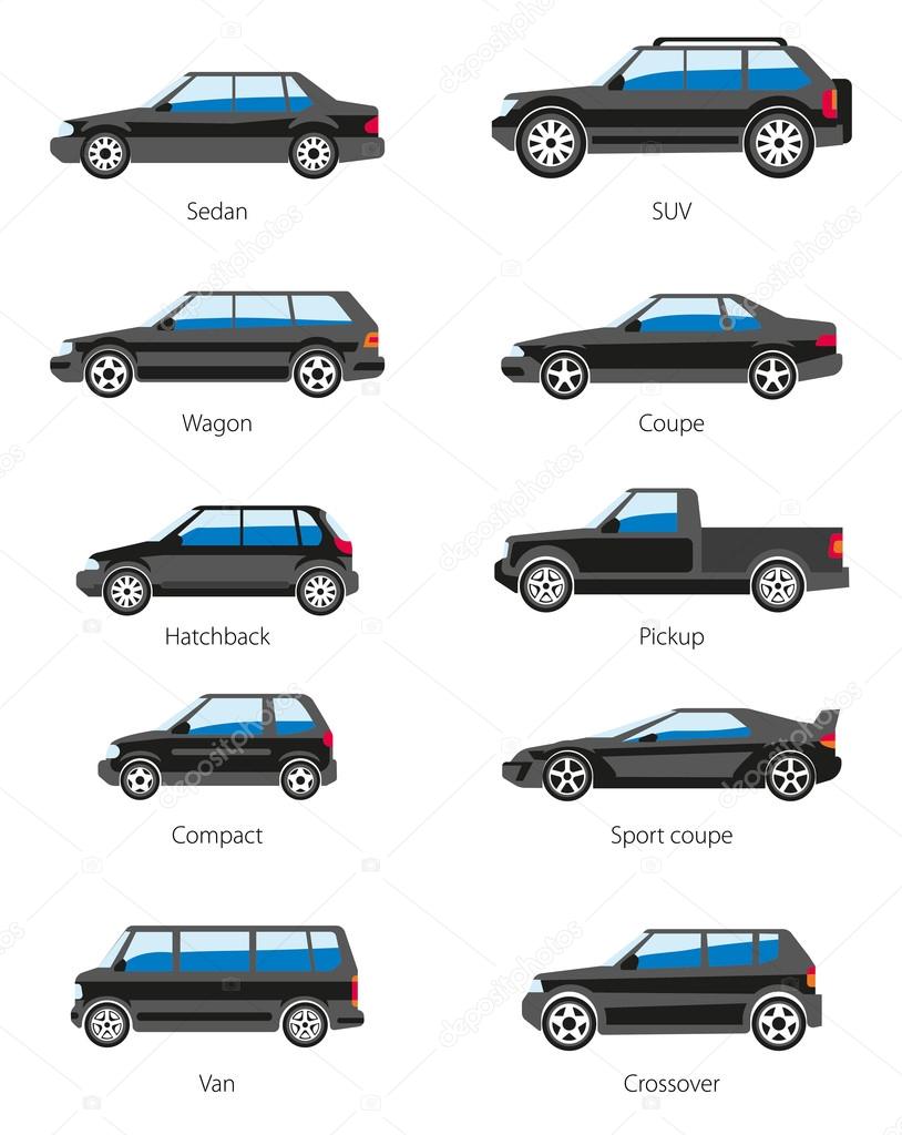 Different car types icons set