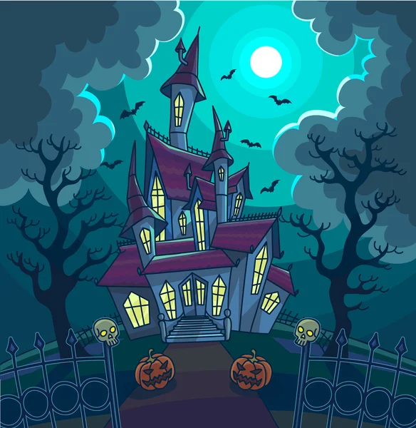 Halloween casa assustadora, lua e abóbora . — Vetor de Stock