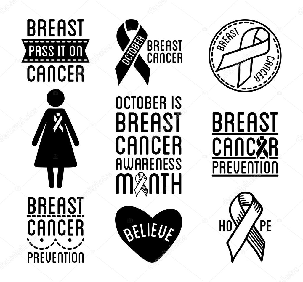 Set of Breast Cancer Awareness logos. Black and white vector ribbons and cancer prevention signs for banners and social posters and stickers. Isolated on white background.