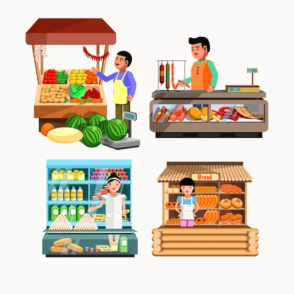 Set of sellers at the counter and stall. — Stock Vector