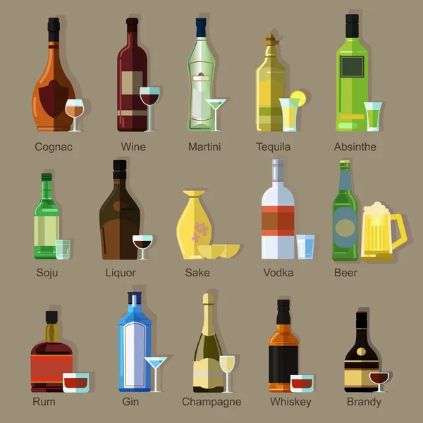 集的酒精饮料瓶和眼镜. — 图库矢量图片