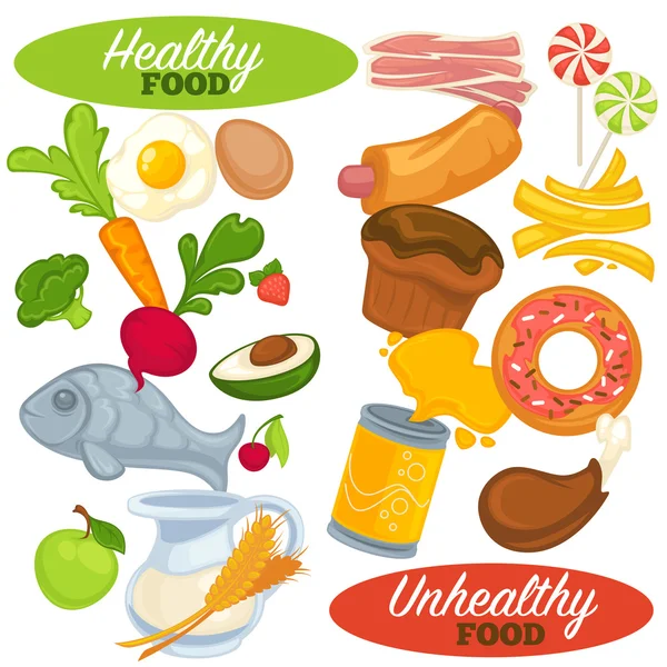 Set de alimentos saludables y poco saludables . — Vector de stock