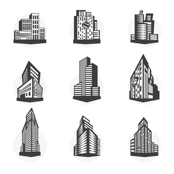 Conjunto de edificios negros de gran altura y fachadas — Vector de stock