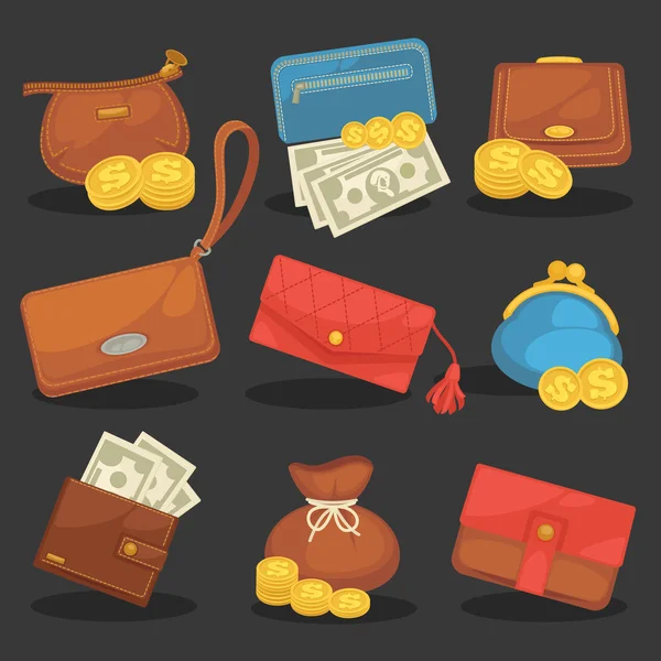 Conjunto de billeteras con compras de dinero — Vector de stock