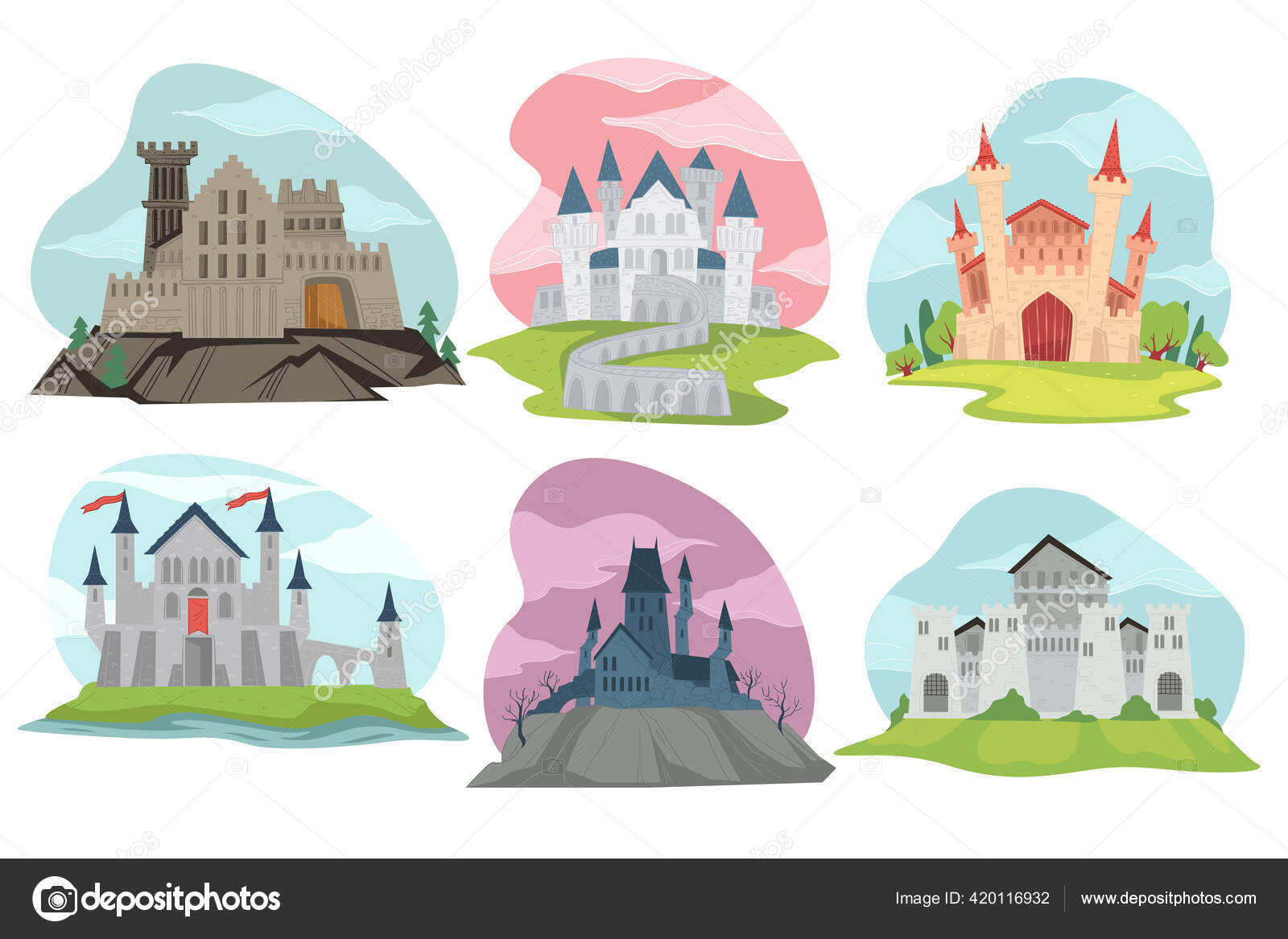 Fortalezas Castillos Fantasía Arquitectura Medieval Piedra Construcción  Cuentos Hadas Edificios Vector de stock #420116932 de ©Sonulkaster, image size:1600x1167