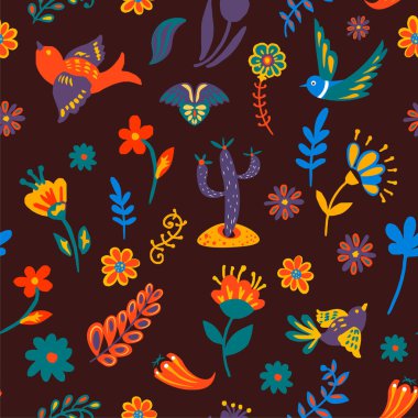 Uçan kuşlar ve çiçekler, çiçek desenli. Bahar ve yaz mevsimsel açmalar ve canlanma. Çiçek açan bitkiler, egzotik bitkiler ve hayvanlar. Kaktüs ve sinekkuşu vektörü düz stilde