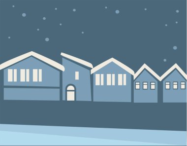 Bina ve kar taneleri ile karlı şehir manzarası, yıldızlı gece gökyüzü. Akşamları şehrin silueti, kış mevsimi ve açık havada soğuk hava. Yeni yıl ve Noel tatili. Düz biçimli vektör