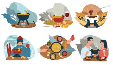 Restoranlarda yemek yemek, taze ekmek ile servis edilen sıcak çorba. Kayak merkezindeki adam ev yapımı yemekle ısınıyor. Randevudaki çift, vejetaryenler için menü, vejetaryenler, düz stil vektörü