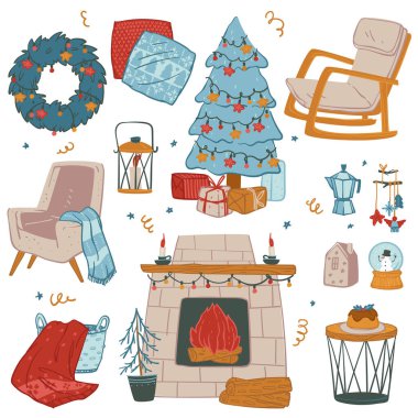 Evde Noel kutlaması, kış tatili hazırlıkları için dekorasyon. Çam ağacı, çelenkli çelenk, mumlu şömine, çelenk ve sıcak battaniyeli rahat koltuk. Düz biçimli vektör
