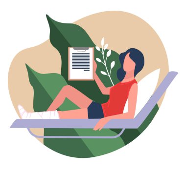 Sağlık sigortası, masrafları ve sağlık hizmetleri ile ilgili prosedürleri kapsayan belgeler. Kırık bacaklı bir kadın, kaza durumunda korunma garantisi, düz tarzda vektör.