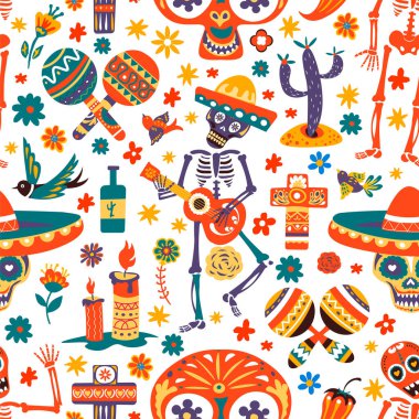 Day of the dead celebration of mexican holidays, seamless pattern of skeleton playing guitar. Dia de los muertos symbols and icons. Tequila in bottle, skull and candle, maracas and sombrero, vector clipart