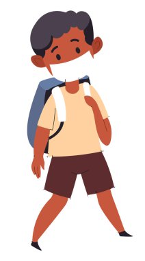 Coronavirüs salgını sırasında okulda ders çalışmak. Koruyucu maske takan erkek karakter, sağlık önlemleri ve öğrenciler ve öğrenciler için tavsiyeler. Eğitimsel süreç. Düz biçimli vektör