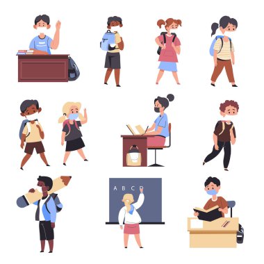 Coronavirus salgını sırasında okullarda, üniversitelerde ve üniversitelerde eğitim ve öğrenim görüyorlar. Koruyucu tıbbi maskeler takan öğrenciler, sağlık hizmetleri ve tavsiyeler. Düz biçimli vektör