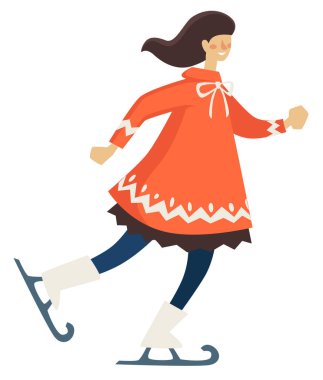 Kış tatili, spor ve tatilde eğlence. Kadın buz pateni karakteri. Eğitimli ve pratik yapan bir kadın. Kalın giysiler giyen atletik şahsiyet, kış tatili. Düz biçimli vektör