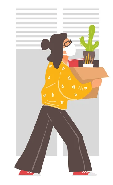 Empleado Caminando Con Caja Con Pertenencia Personal Carácter Femenino Dejando — Vector de stock