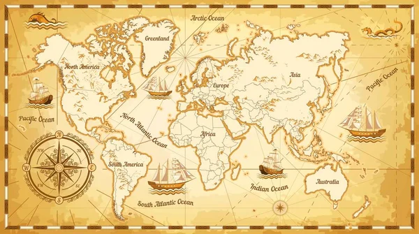 Schifffahrt Alte Weltkarte Schiffe Und Kontinente Kompass Vektor Kartographie Reisen — Stockvektor